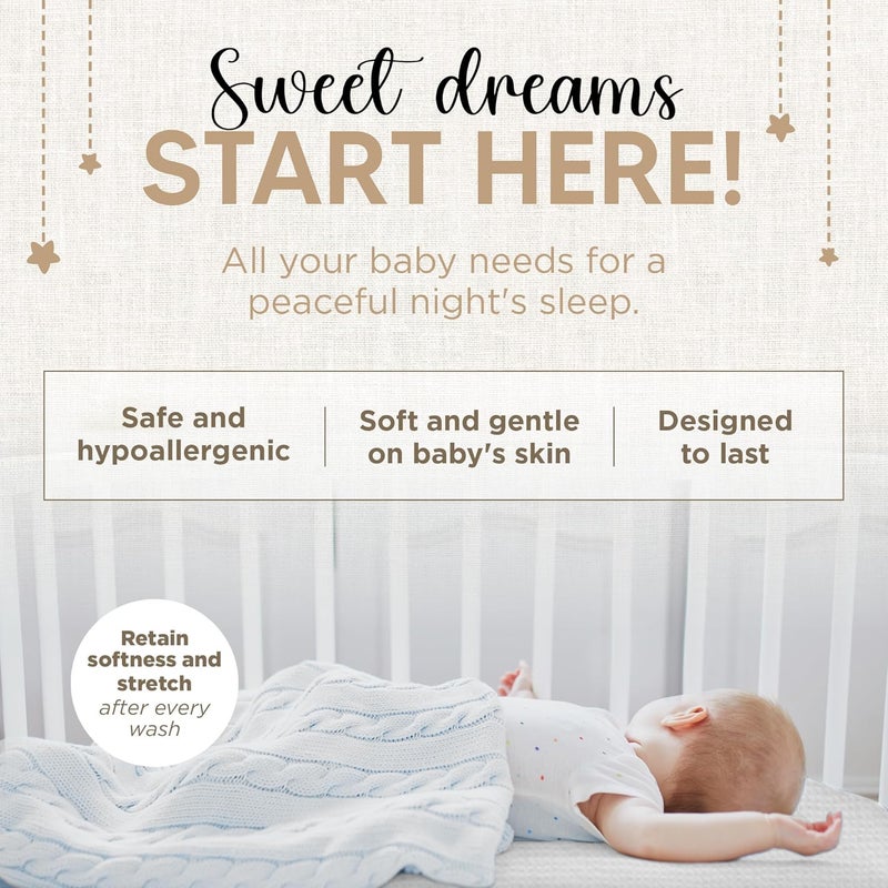 KoolerThings Bassinet Fitted Sheets - Compatible with Amke, Ronbei, Pamobabe, and Nordmiex | 100% Organic Muslin Cotton - White + Grey | 32x19 (2 Pack) - Image 4